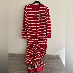 Nick & Nora red and white striped one-piece footed pajamas